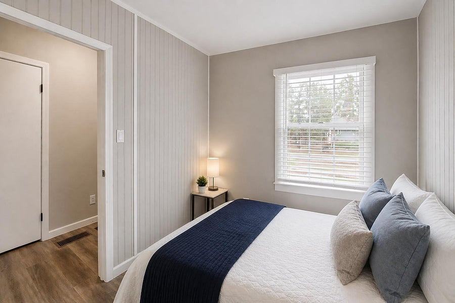Well-appointed bedroom with a large window, neutral finishes, and space for a full/queen bed plus a nightstand.