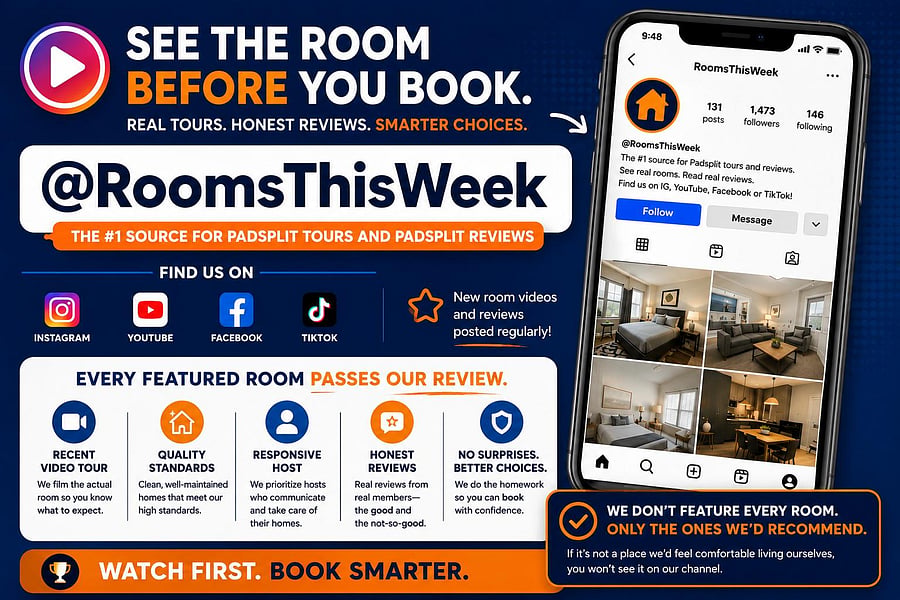 Promotional graphic featuring @RoomsThisWeek branding, social icons, and a phone mockup; not a property space photo.