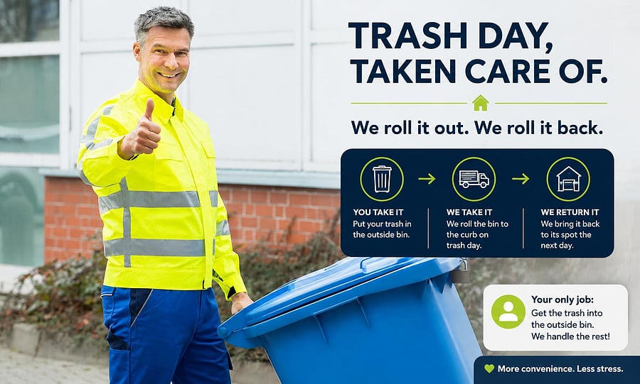 Trash service- You get the trash in the bin.  We bring the bin the curb and back for you.