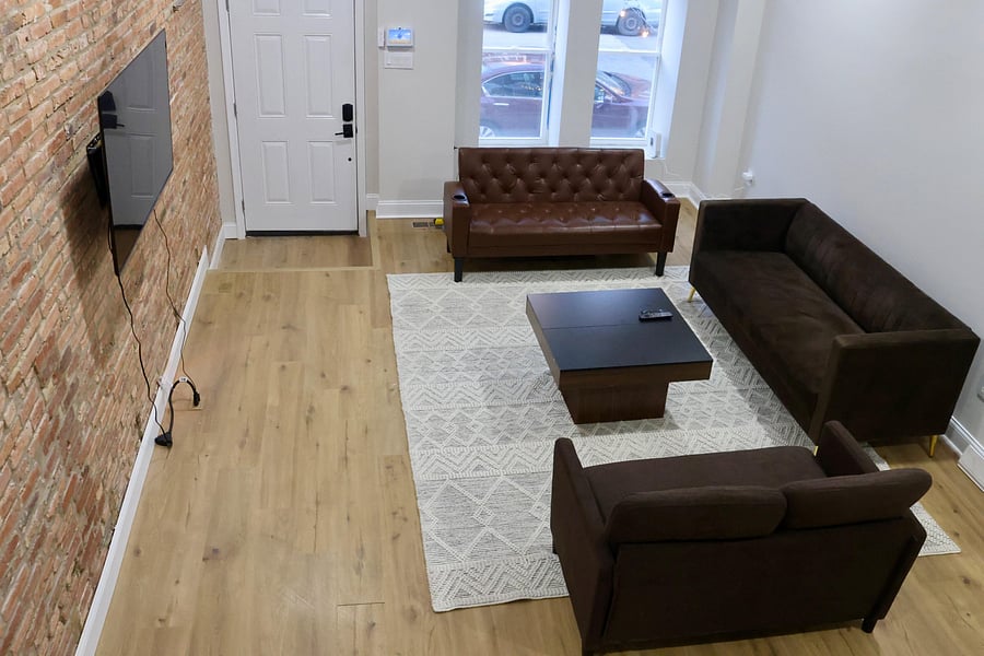 Aerial view of living room; cozy common space