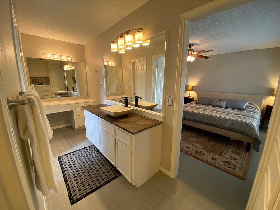 View from master bathroom looking into master bedroom.