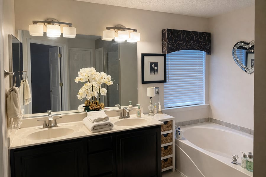 Clean, well-maintained bathroom with double vanity and ample space.