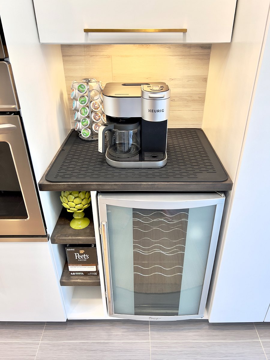 Coffee center stocked with k-cups and a beverage fridge for your drinks.