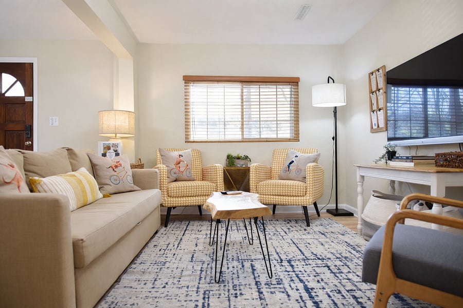 Unwind after a day of exploring in our bike-themed living room, featuring a Smart TV and cozy sleeper sofa.