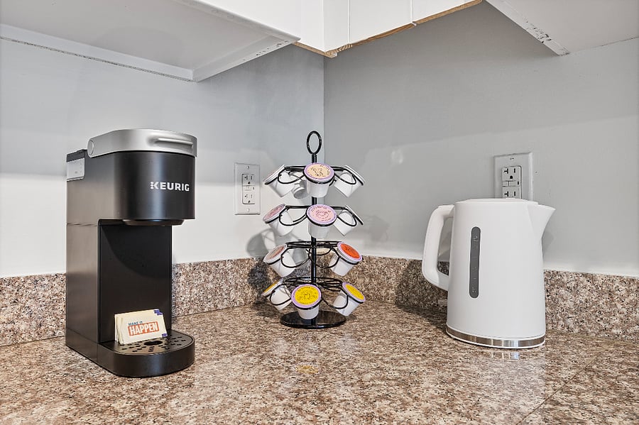Start your morning right at the dedicated Coffee & Tea Station, featuring a Keurig coffee maker for a quick, perfect brew. Whether you're fueling up for a shift or enjoying a slow weekend, this convenient setup ensures your favorite hot beverage is always just a button-press away.