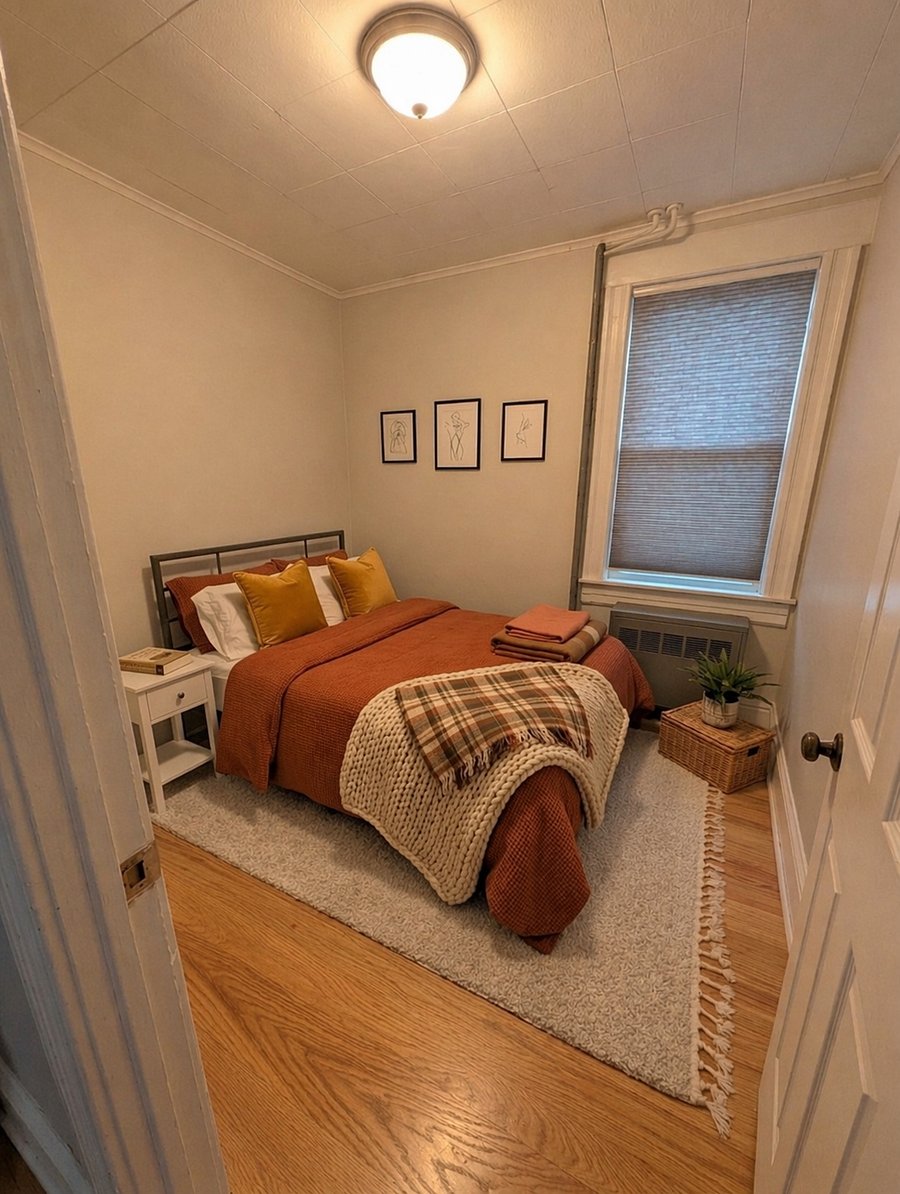Cozy 2nd bedroom with blackout shades, end table, and closet