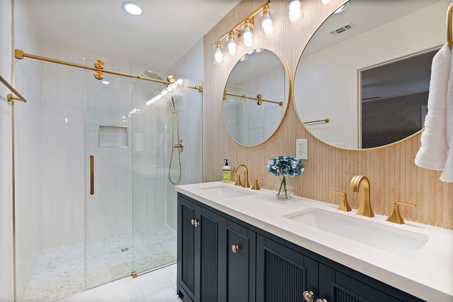 The primary shower has a seamless entry to accommodate wheelchairs. There are grab bars available, a shower chair and other helpful items if they are needed. 