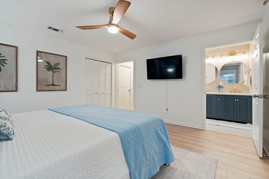 The primary bedroom has two nice size closets for lots of storage, room darkening shades and curtains and a very relaxing feel for healing and recovery. 