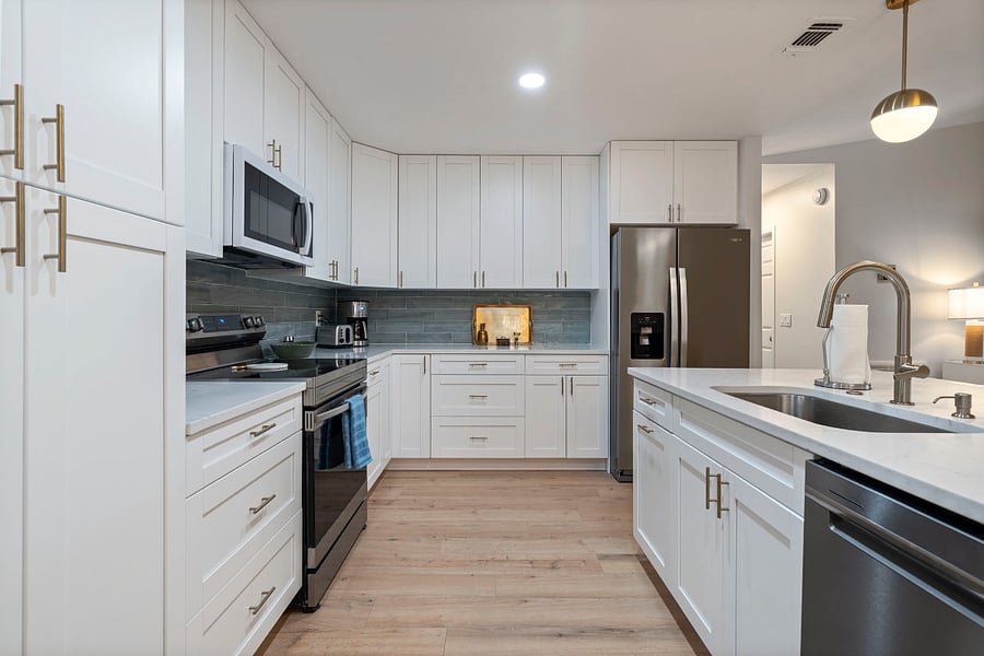 The well lit kitchen has ample room for accommodating large groups, as well as access for wheelchairs. 