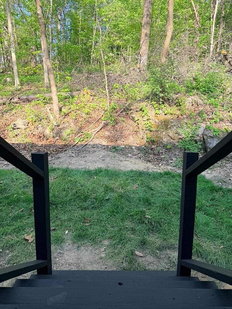View from the living room out the sliding glass door to the backyard.