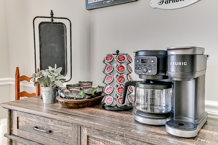 Kitchen Coffee Bar station with coffee bags, and kcups for your quick and easy morning breakfast needs, and enjoyment.