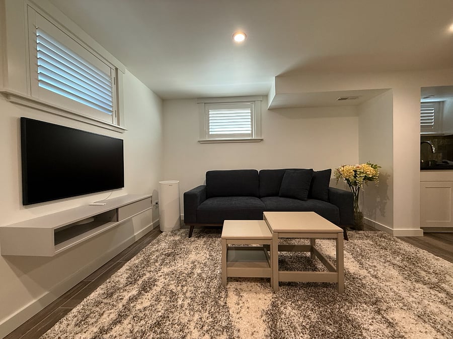 Living room with a smart TV and a large air purifier.