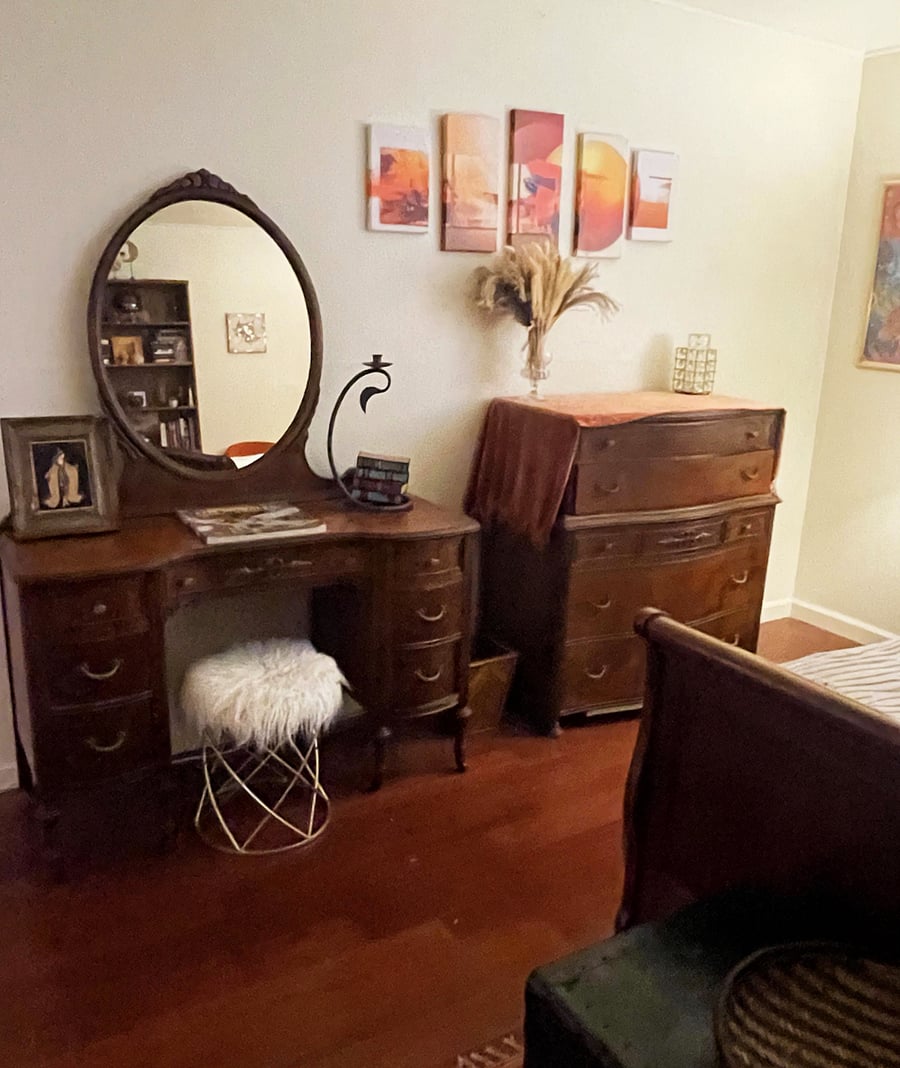Bedroom vanity and dresser.
