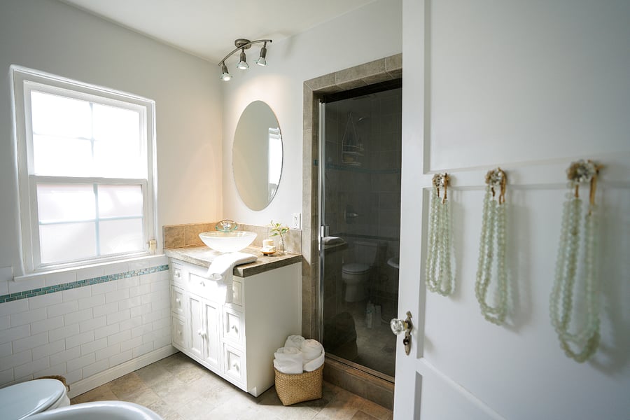 Newly remodeled bathroom with walk-in shower, vanity, clawfoot soaking tub and bright natural light.