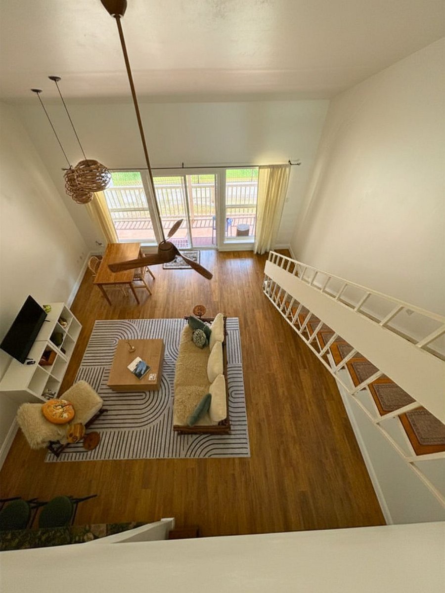 View from the bedroom down to the living area.