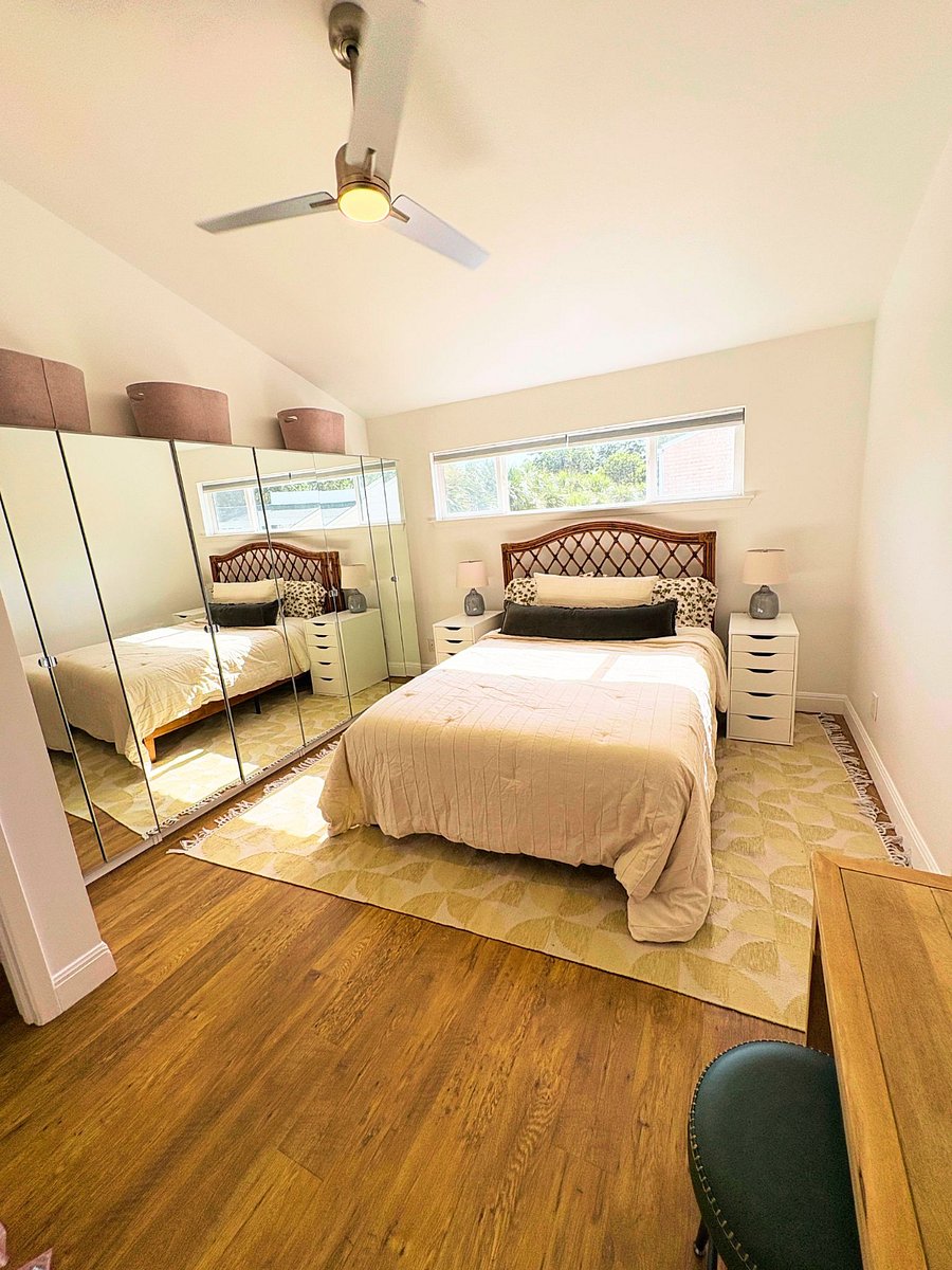 Bedroom (mostly West-facing window). A wall of Ikea-storage. Bed is a queen size.