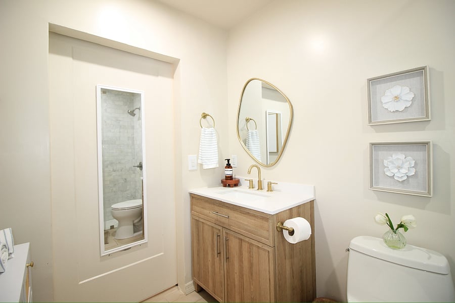 Bathroom vanity with ample storage. 
