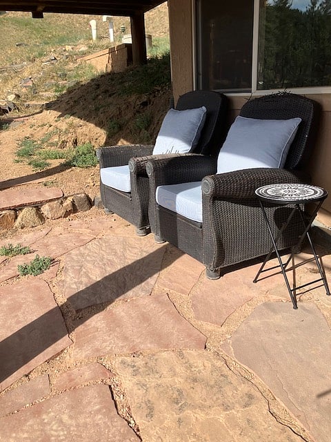 The patio is under my deck, so get get shade in the summer. Perfect for morning coffee or after work relaxation.