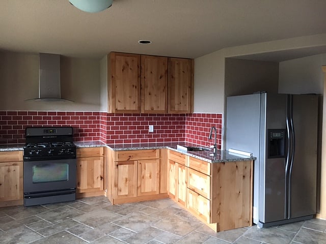 View of full kitchen. 
