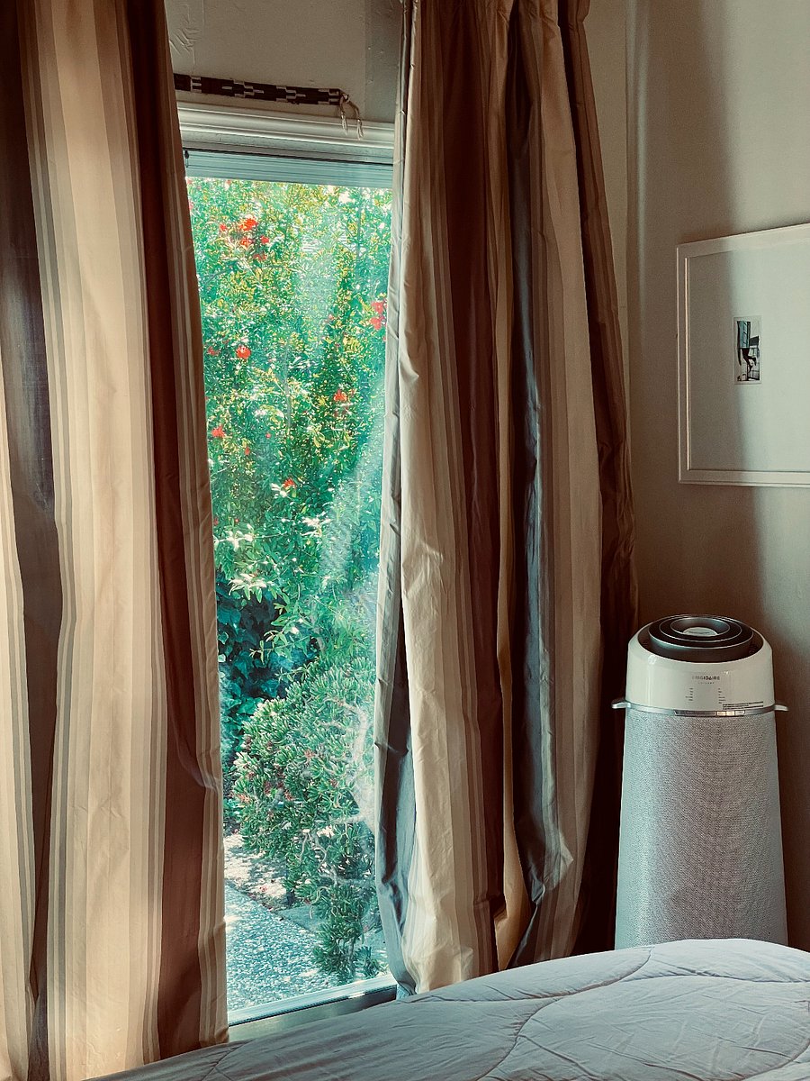 Floor-to-ceiling windows and a patio door leads directly out to the garden.