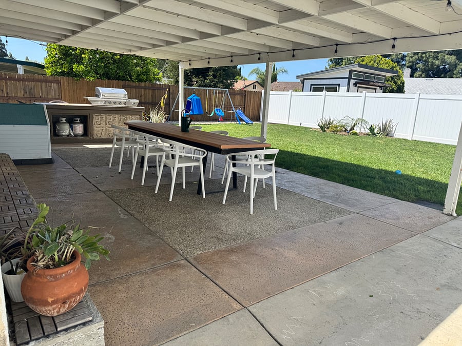 private backyard great for kids, pets, and parties. outdoor dining, firepit, bbq, play set