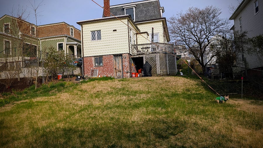 View from the back of the yard showing the deck and grilling area