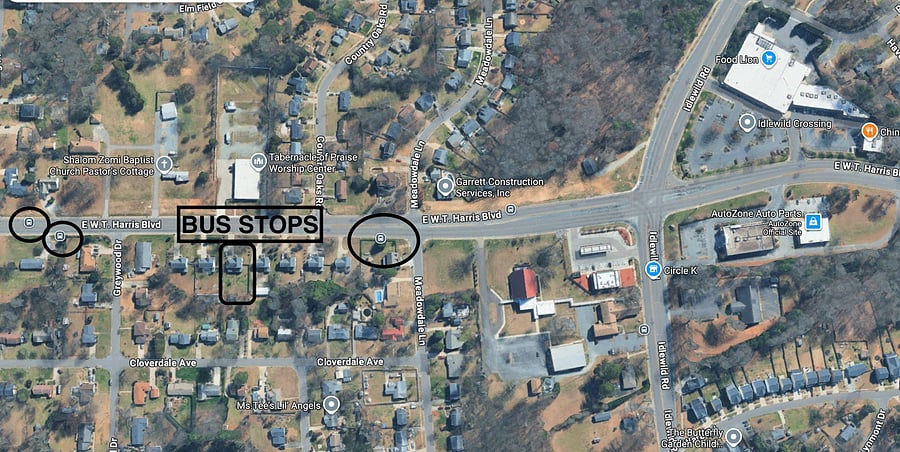 Bus Stops on same street within 1 block.
