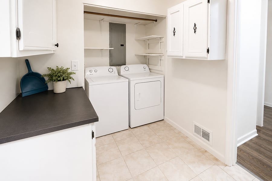 Dedicated laundry room with washer and dryer, built-in shelving, and extra counter space for sorting and folding.