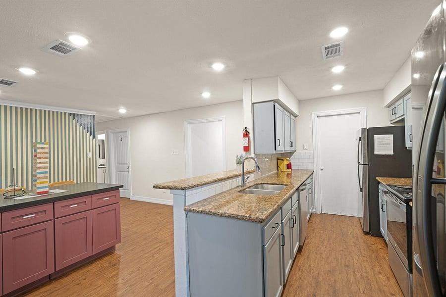 Colorful kitchen area.