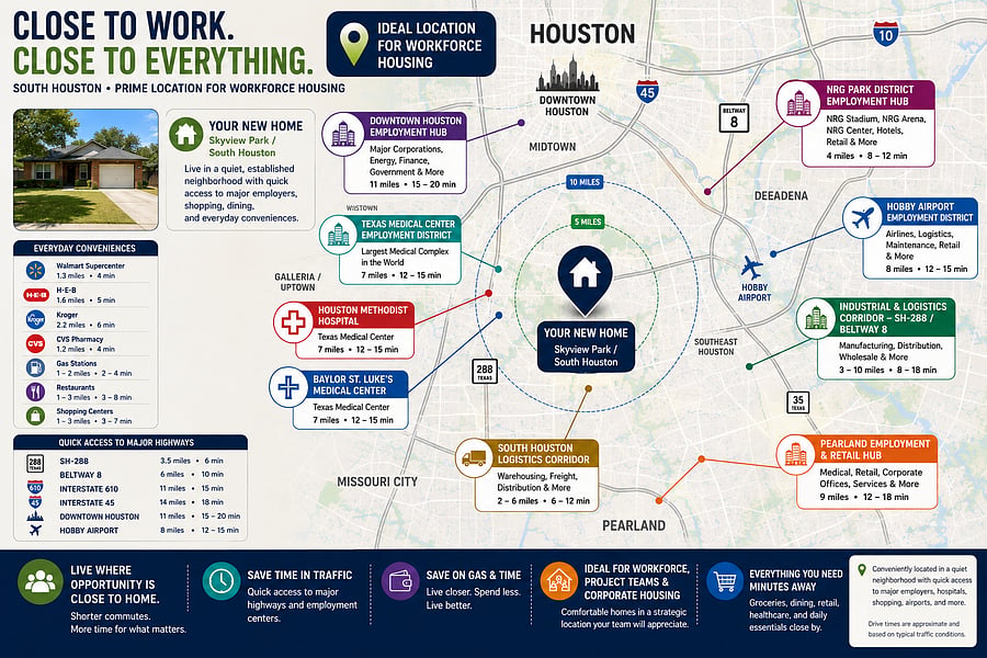 Promotional map graphic highlighting Houston area location, commute times, and nearby amenities with heavy text overlays.