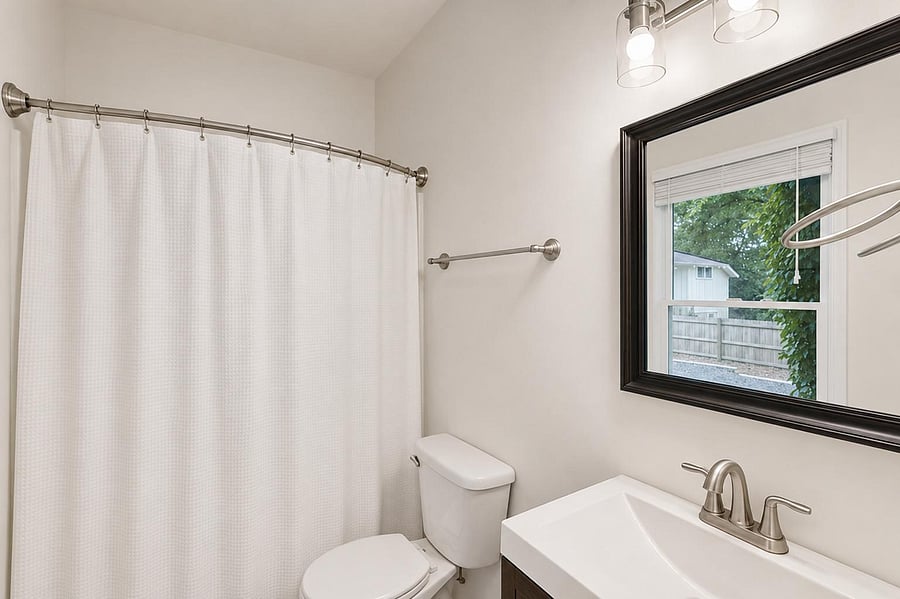 Full bathroom with shower/tub combo, curved curtain rod, vanity sink, and a window for natural light and ventilation.