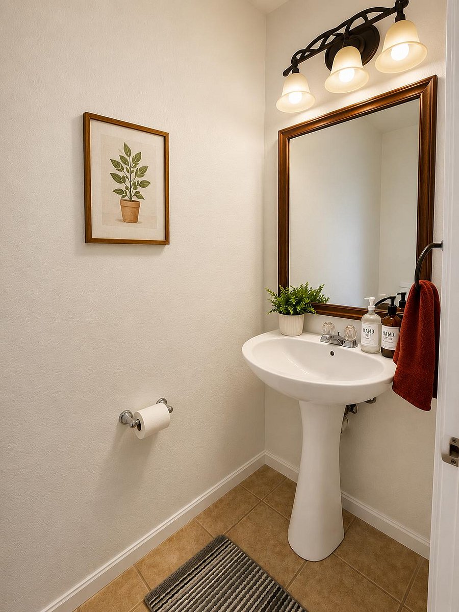 Well-kept half bath with pedestal sink, a standard toilet, and tasteful wall art for a clean, functional space.