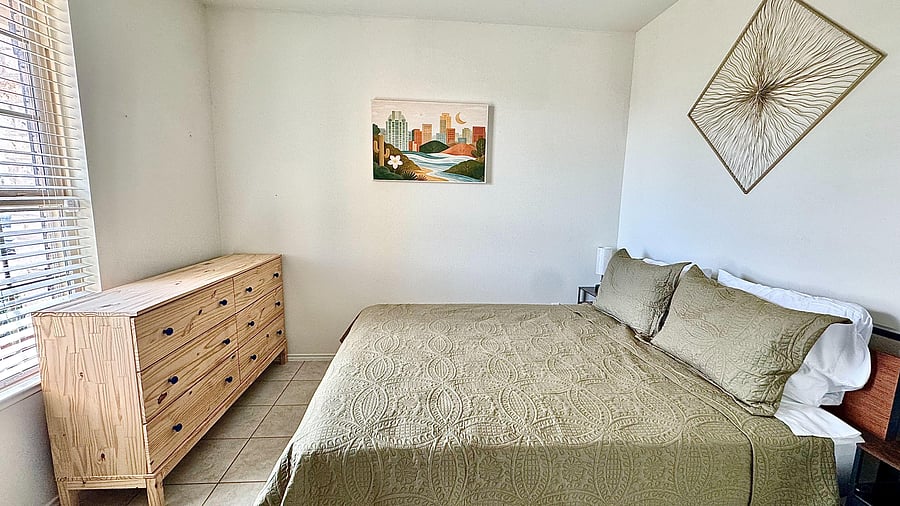 Quiet workspace with a large desk and ergonomic chair. High-speed Wi-Fi throughout the home.