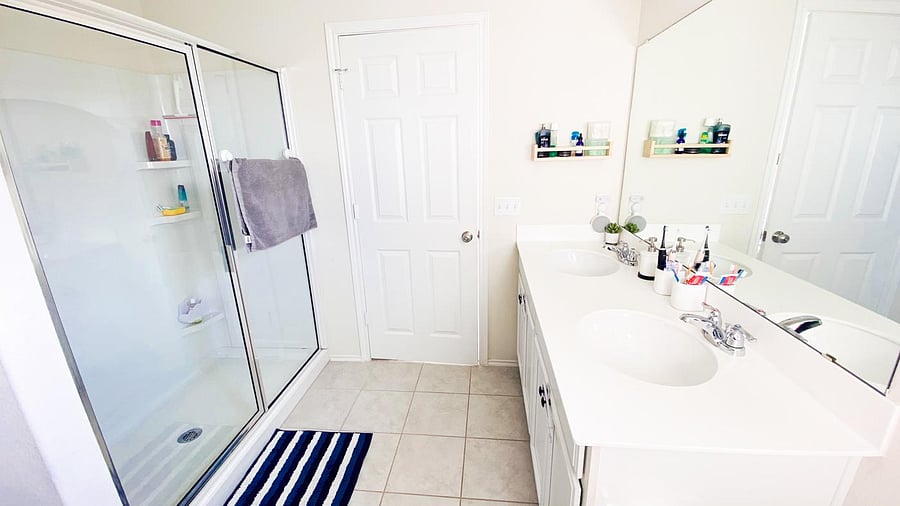 Large double-sink vanity with ample counter space. Exclusive to Room 1 for a true master suite experience.