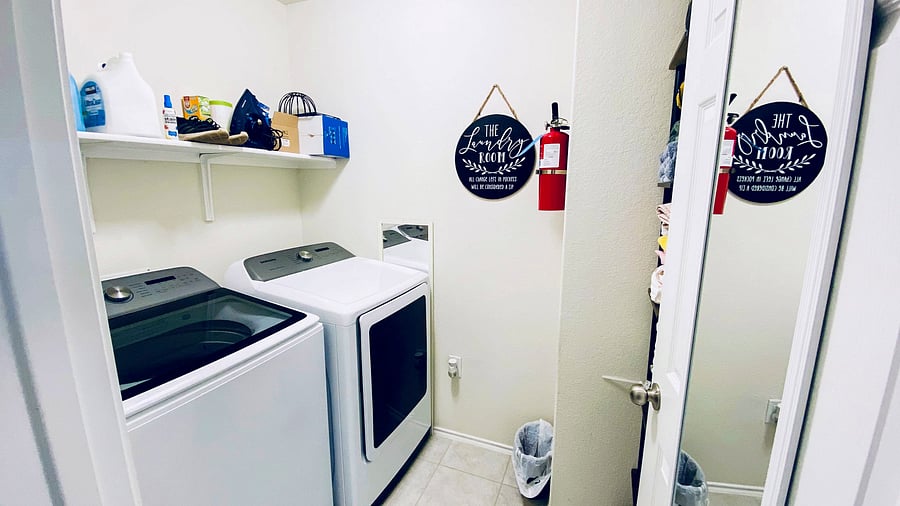 High-capacity washer and dryer available for all members. Stay organized with extra shelf storage.