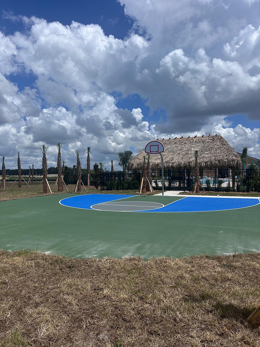 Community outdoor recreation area featuring a full basketball half-court with nearby shaded seating and landscaped grounds.