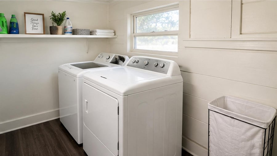 Dedicated laundry area with side-by-side washer and dryer, open shelving, and a window for natural light.