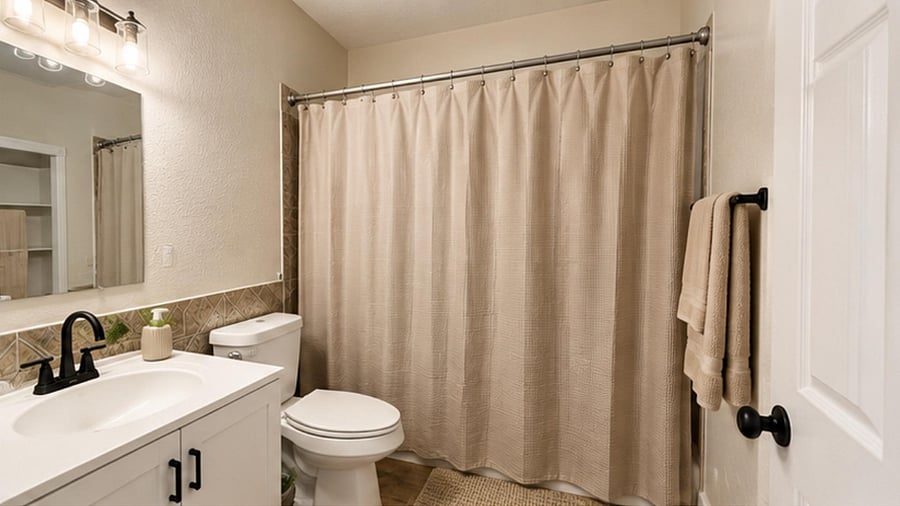 Full bathroom with a single-sink vanity, wall mirror, towel storage, and a shower/tub combo with curtain.