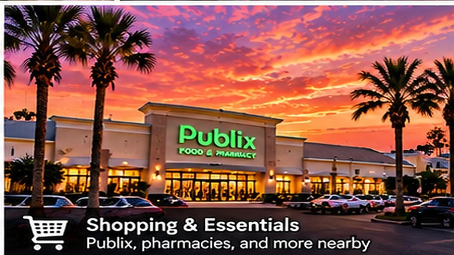 Exterior view of a nearby shopping center with ample parking, offering convenient access to groceries and everyday needs.