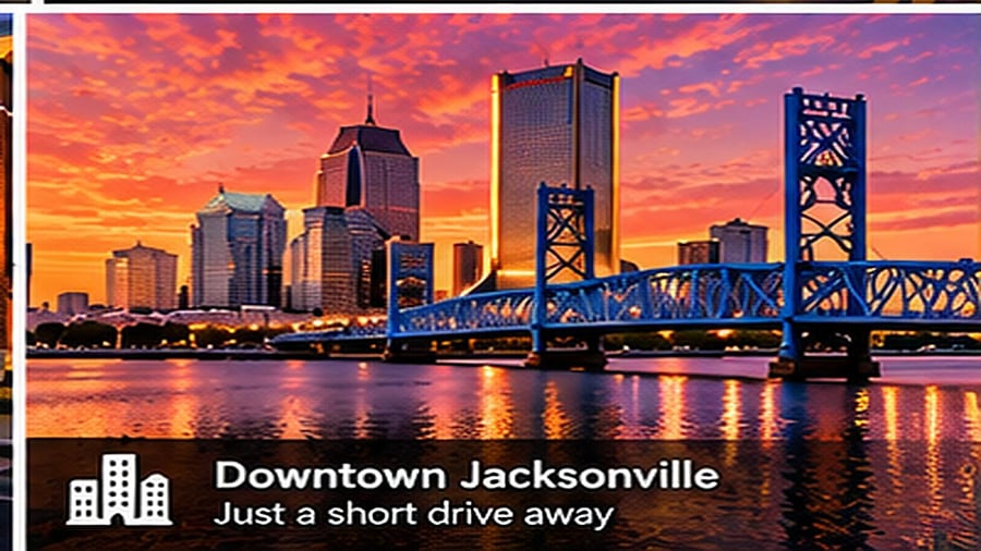 Neighborhood view of a nearby downtown skyline with river and bridge access, offering convenient proximity to city amenities.
