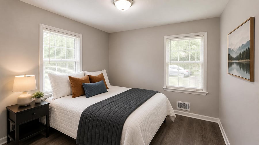 Well-appointed bedroom with two windows, hardwood-style flooring, and space for a nightstand and full/queen bed.