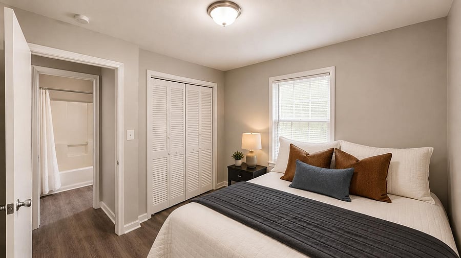 Well-sized bedroom with a double-door closet, bedside table, and convenient access to a nearby full bath.