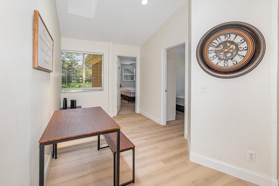 Open dining area with vaulted ceilings