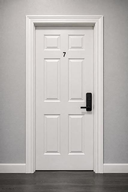 Secure interior entry door with keypad lock and clean trim details, set off by durable flooring for easy upkeep.