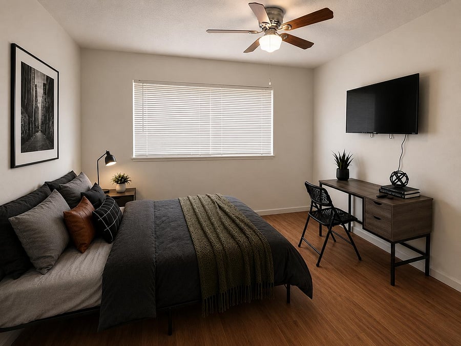 Furnished bedroom with a full bed, desk workspace, wall-mounted TV, and a large window with blinds for privacy.
