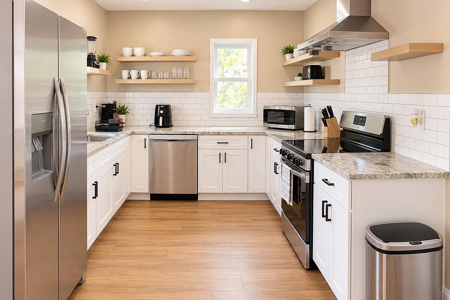 U-shaped kitchen with white cabinets, stone-look counters, subway tile backsplash, and stainless steel appliances.