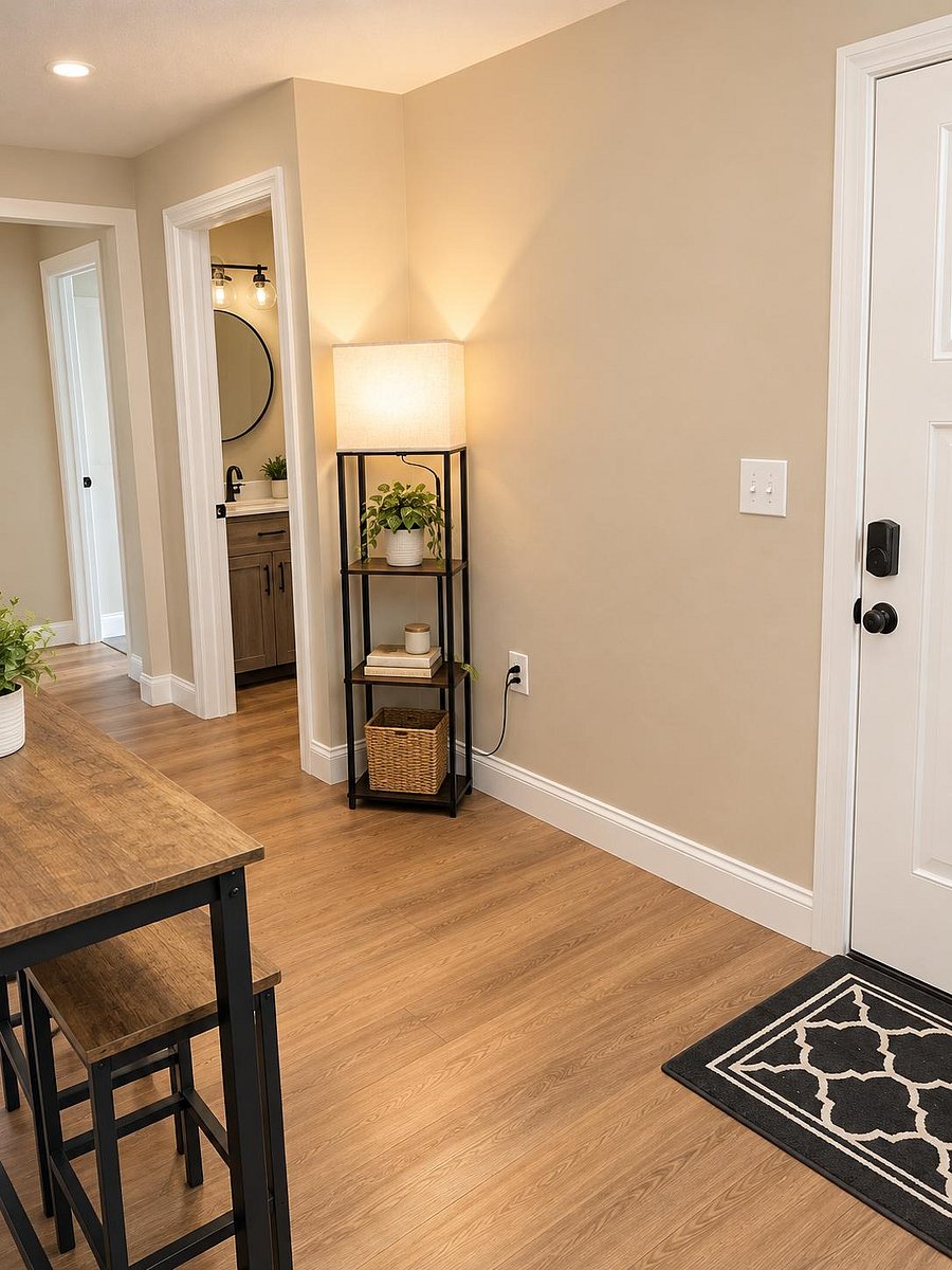 Welcoming entry hallway with durable wood-style floors, neutral tones, and convenient access to all rooms in the house.