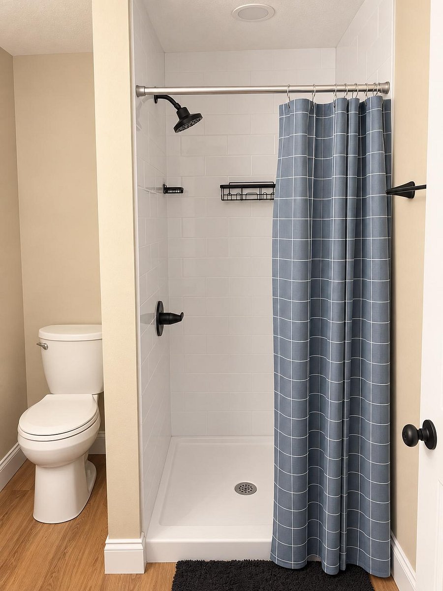 Updated bath with walk-in shower, subway tile surround, and matte black fixtures plus convenient in-shower shelving.