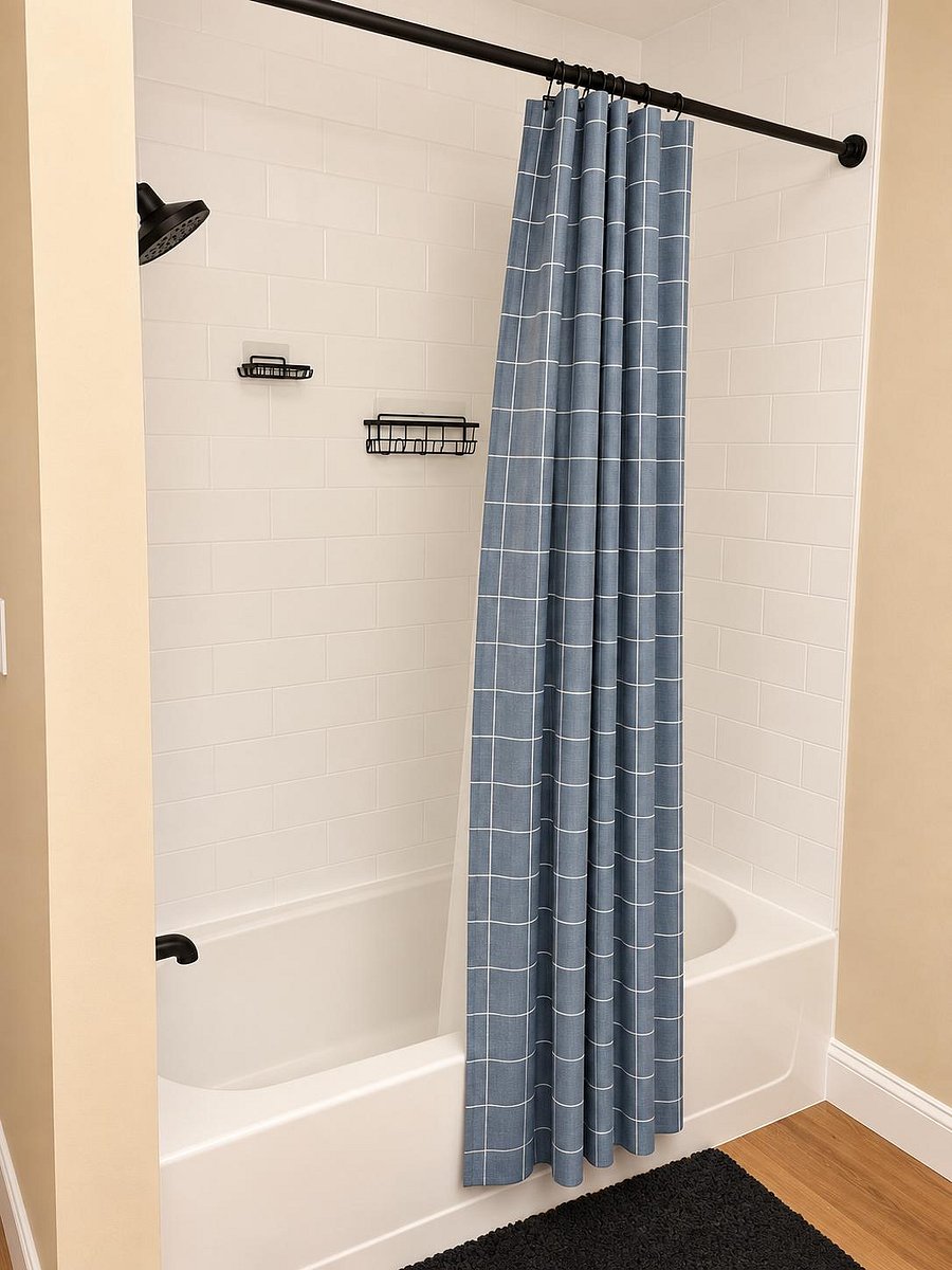Tiled tub/shower combo with adjustable showerhead, matte-black fixtures, and built-in shelves for everyday storage.