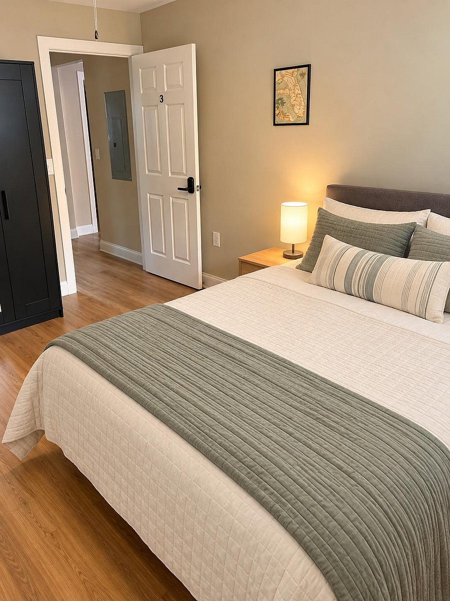 Furnished bedroom with a full bed, nightstand lighting, and wardrobe storage, plus easy access to the hallway and bathroom.